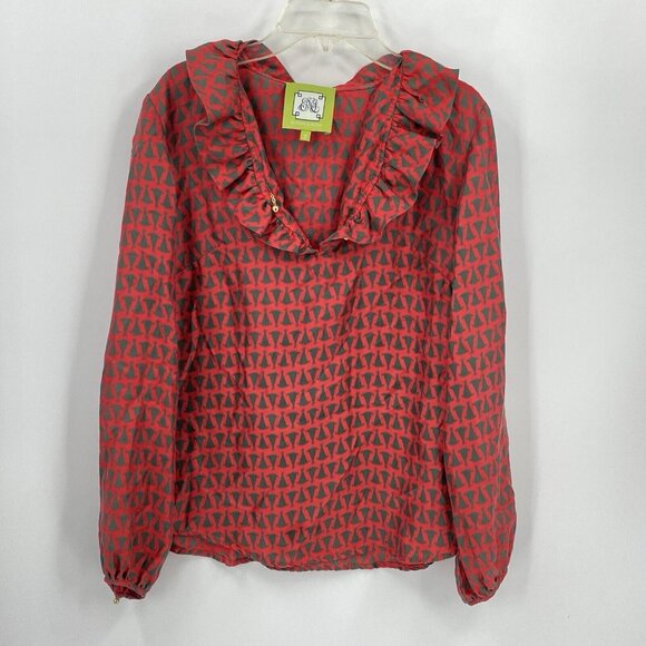 Elizabeth McKay Ruffle Neck Silk Blouse Red Party Hat Print Long Sleeve Size 2 - Picture 1 of 5